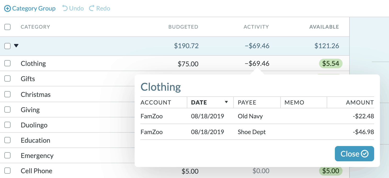 First expenses in YNAB for school clothes